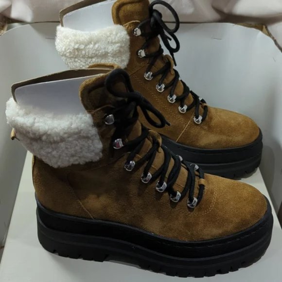 BNIB Marc Fisher Pierson Hiking/Moto Platform Warm Faux fur Boot Tan (Natural) - Picture 4 of 7